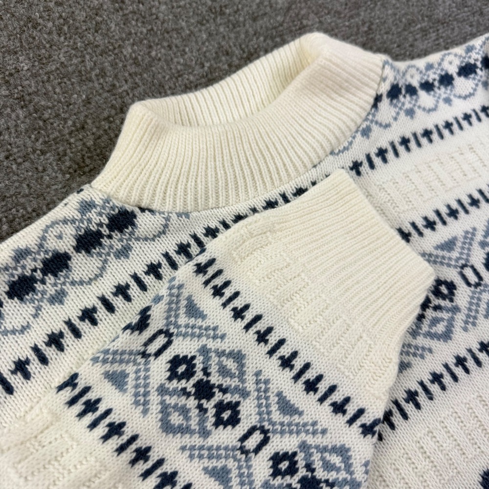American Pride Sweater Large White Blue Nordic Fair Isle Mock Neck Mens